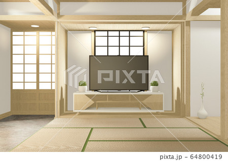 Tv cabinet in tropical empty room Japanese - zen Tv cabinet in tropical empty room Japanese - zen 64800419
