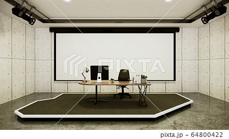 Studio - Modern Film Studio with white Screen. 3D Studio - Modern Film Studio with white Screen. 3D 64800422