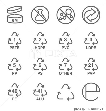 Cosmetic packaging symbol icon set vector illustration. Contains such icon as recycling, ferrum, period, plastic, After opening, laboratory and more. Expanded Stroke 64800571
