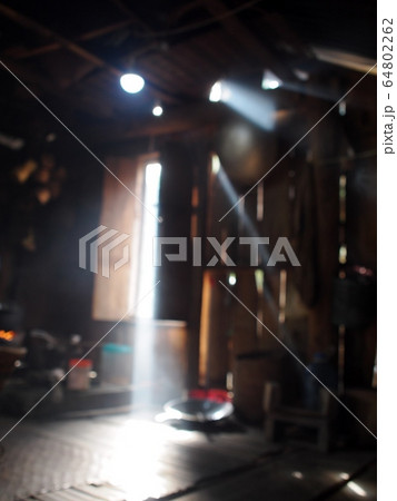 blur defocused picture of primitive style home kitchen in rural vintage cottage house in LAOS authentic  shot in countryside house shows ethnic people's life 64802262