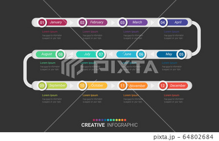 Timeline for 1 year, 12 months, infographics month planner design vector 12 steps and Presentation business can be used for Business concept with 12 options, steps or processes.  64802684