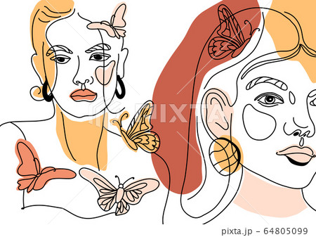 Set of Womans Face Minimal Line Style ol-line drawing. Abstract Contemporary color collage of geometric shapes in a modern trendy style. Vector female Portrait. Beauty Concept, t-Shirt Print, card 64805099