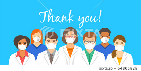 Doctors team in face masks with thank you text Doctors team in face masks with thank you text 64805828