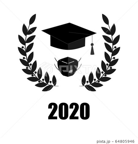 2020 Quarantine extreme graduation party. Graduate hat, respirator and laurel wreath. Concept for the design of a greeting card, logo, flyer, t-shirt design. Vector illustration 2020 Quarantine extreme graduation party. Graduate hat, respirator and laurel wreath. Concept for the design of a greeting card, logo, flyer, t-shirt design. Vector illustration 64805946