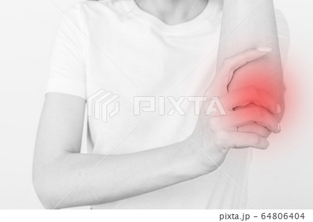 Young girl with pain in elbow, joint inflammation isolated on white background 64806404