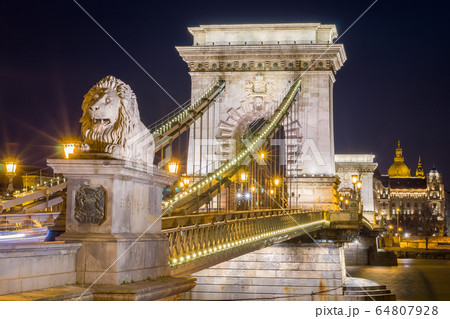 Night view of the Szechenyi Chain Bridge. Budapest, Hungary. 64807928