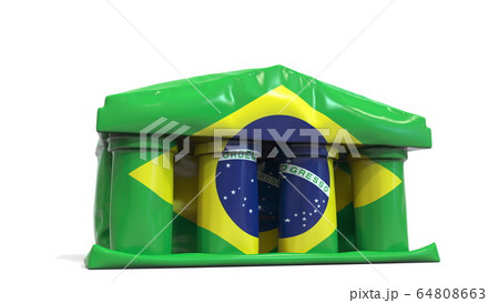 Deflating inflatable bank or government building with printed flag of Brazil. Brazilian economic or political crisis related conceptual 3D rendering 64808663