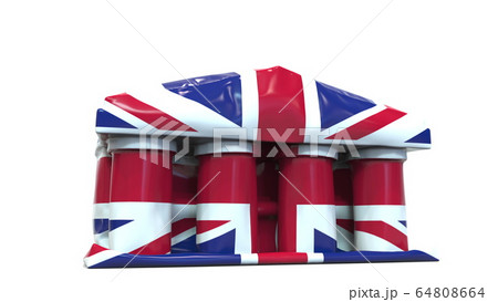 Deflating inflatable bank or government building with printed flag of the UK. British economic or political crisis related conceptual 3D rendering 64808664