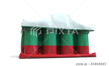Deflating inflatable bank or government building with printed flag of Bulgaria. Bulgarian economic or political crisis related conceptual 3D rendering 64808665