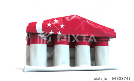 Deflating inflatable bank or government building with printed flag of Singapore. Singaporean economic or political crisis related conceptual 3D rendering 64808741