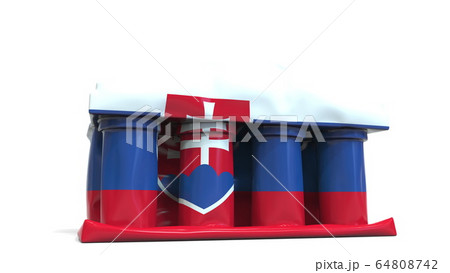 Deflating inflatable bank or government building with printed flag of Slovakia. Slovak economic or political crisis related conceptual 3D rendering 64808742