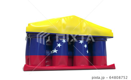 Deflating inflatable bank or government building with printed flag of Venezuela. Venezuelan economic or political crisis related conceptual 3D rendering 64808752