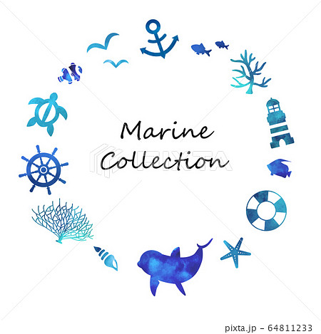 海の生き物 水彩マリンフレームのイラスト素材