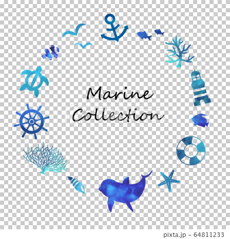 海の生き物 水彩マリンフレームのイラスト素材