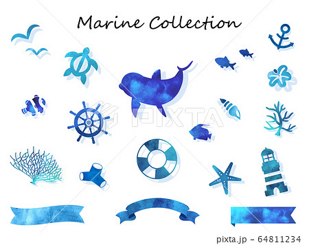 海の生き物 綺麗な青色水彩コレクションのイラスト素材