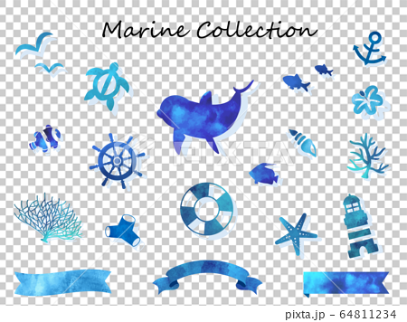 海の生き物 綺麗な青色水彩コレクションのイラスト素材