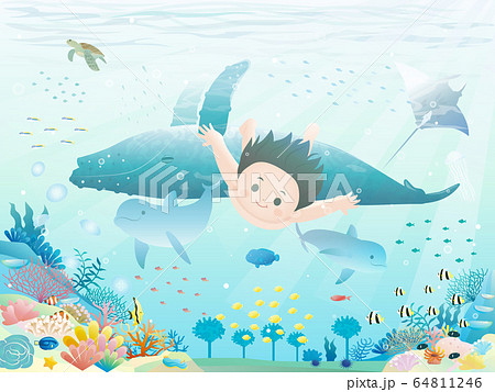 綺麗な海に潜る少年のイラストのイラスト素材 64811246 Pixta