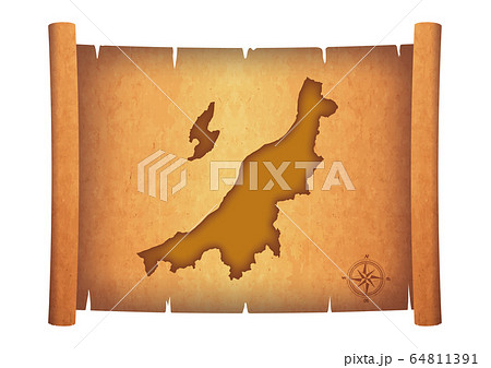 古い巻物に描かれた地図のイラスト｜新潟県の地図　羊皮紙　お宝の地図のイメージイラスト　アンティーク