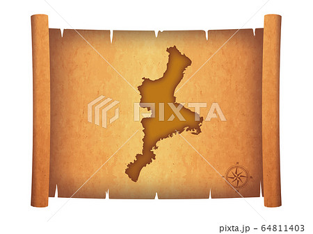 古い巻物に描かれた地図のイラスト｜三重県の地図　羊皮紙　お宝の地図のイメージイラスト　アンティーク