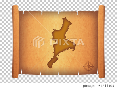 古い巻物に描かれた地図のイラスト｜三重県の地図　羊皮紙　お宝の地図のイメージイラスト　アンティーク 64811403