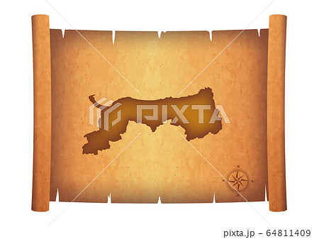 古い巻物に描かれた地図のイラスト｜鳥取県の地図　羊皮紙　お宝の地図のイメージイラスト　アンティーク
