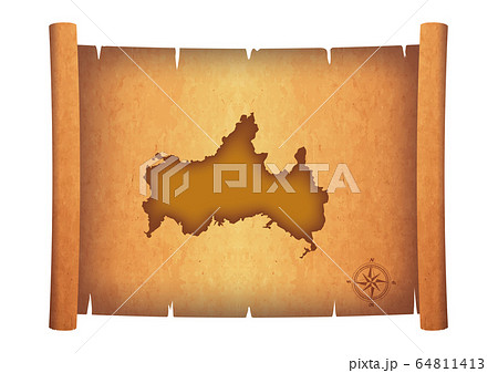 古い巻物に描かれた地図のイラスト｜山口県の地図　羊皮紙　お宝の地図のイメージイラスト　アンティーク