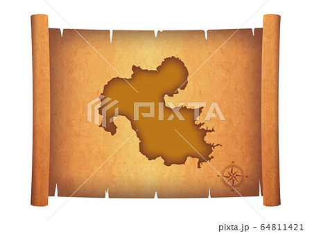古い巻物に描かれた地図のイラスト｜大分県の地図　羊皮紙　お宝の地図のイメージイラスト　アンティーク