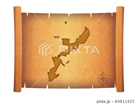 古い巻物に描かれた地図のイラスト 沖縄県の地図 羊皮紙 お宝の地図のイメージイラスト アンティークのイラスト素材