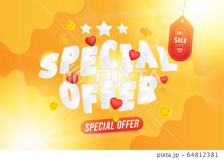 Super sale of 50 percent Special Offer. Horizontal web banner with hot discounts and original font with red hearts on a background with clouds and light effects. Flat vector illustration EPS10 Super sale of 50 percent Special Offer. Horizontal web banner with hot discounts and original font with red hearts on a background with clouds and light effects. Flat vector illustration EPS10 64812381