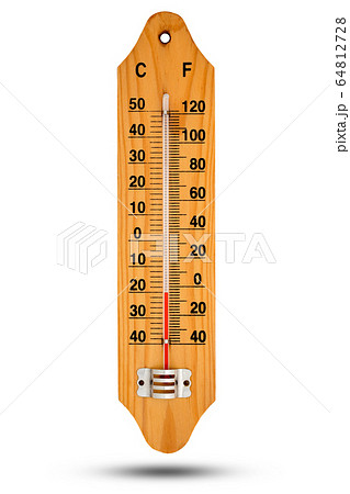 Thermometer on wooden base with celsius scale. 64812728