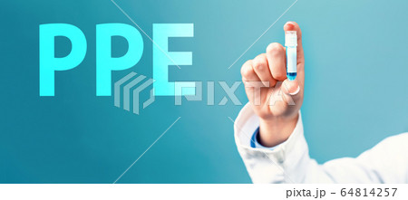 PPE theme with a doctor holding a laboratory vial PPE theme with a doctor holding a laboratory vial 64814257