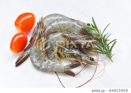 raw shrimps prawns with ingredients herb tomato 64815959