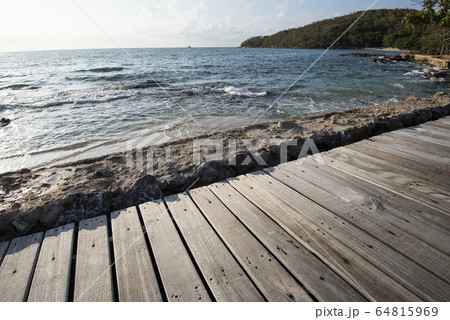 Terrace view sea with empty wooden table top on Terrace view sea with empty wooden table top on 64815969