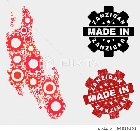 Mosaic Zanzibar Island Map of Gear Elements and Grunge Seal 64816301
