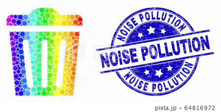 Vector Rainbow Colored Dot Trashcan Icon and Grunge Noise Pollution Stamp 64816972