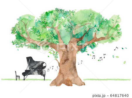 大きな木とグランドピアノ 左 音符付きのイラスト素材