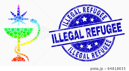 Vector Rainbow Colored Dotted Cannabis Medical Bowl Icon and Distress Illegal Refugee Stamp Seal 64818635