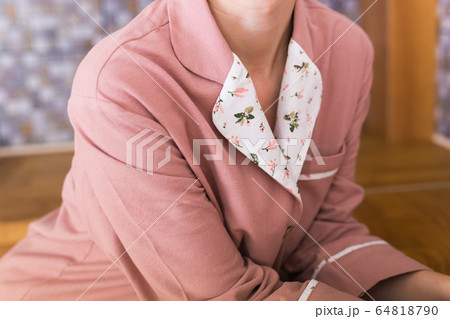 Warm kit homewear. Soft cotton shirt. Comfortable clothes for healthy sleep. Pajamas concept. Close-up. 64818790