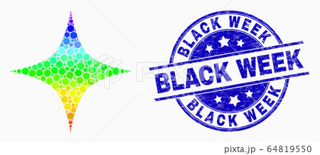 Vector Rainbow Colored Dot Black Star Icon and Distress Black Week Stamp Seal 64819550