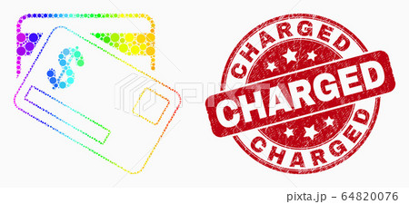 Vector Rainbow Colored Dotted Dollar Bank Cards Icon and Scratched Charged Stamp Seal 64820076