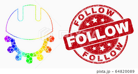 Vector Bright Pixelated Development Helmet Icon and Scratched Follow Stamp Seal Vector Bright Pixelated Development Helmet Icon and Scratched Follow Stamp Seal 64820089