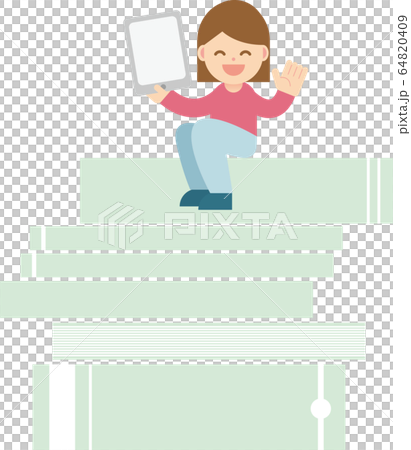 Smiling woman with tablet sitting on books Smiling woman with tablet sitting on books 64820409