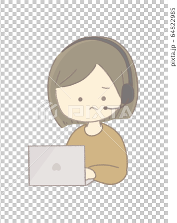 A woman who is puzzled with a headset and a personal computer 64822985