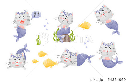 Mermaid Cat Character with Fishtail Wearing Floral Wreath and Swimming Underwater Vector Set Mermaid Cat Character with Fishtail Wearing Floral Wreath and Swimming Underwater Vector Set 64824069