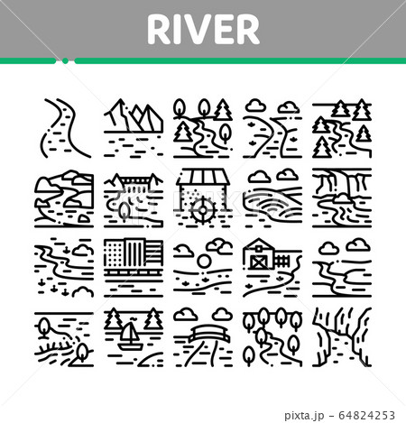 River Landscape Collection Icons Set Vector 64824253