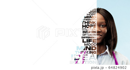 Portrait of happy and inspired doctor with lettering hope, idea, solution, mind, flyer with copyspace, COVID fighting 64824902