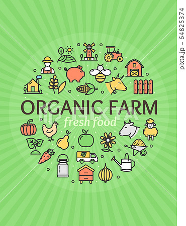 Organic Farm Signs Round Design Template Thin Line Icon Concept. Vector Organic Farm Signs Round Design Template Thin Line Icon Concept. Vector 64825374