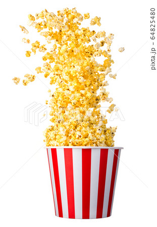 Flying popcorn from paper striped bucket isolated Flying popcorn from paper striped bucket isolated 64825480