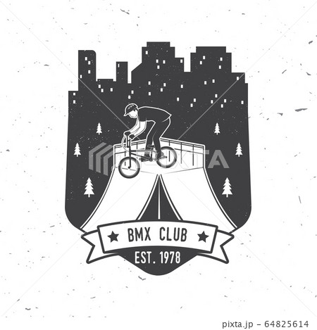 Bmx extreme sport club badge. Vector. Concept for shirt, logo, print, stamp, tee with man ride on a sport bicycle. Vintage typography design with bmx cyclist and night city silhouette. 64825614