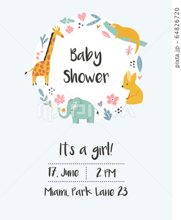 Baby Shower Birthday Invitation Card With Animalsのイラスト素材 6467